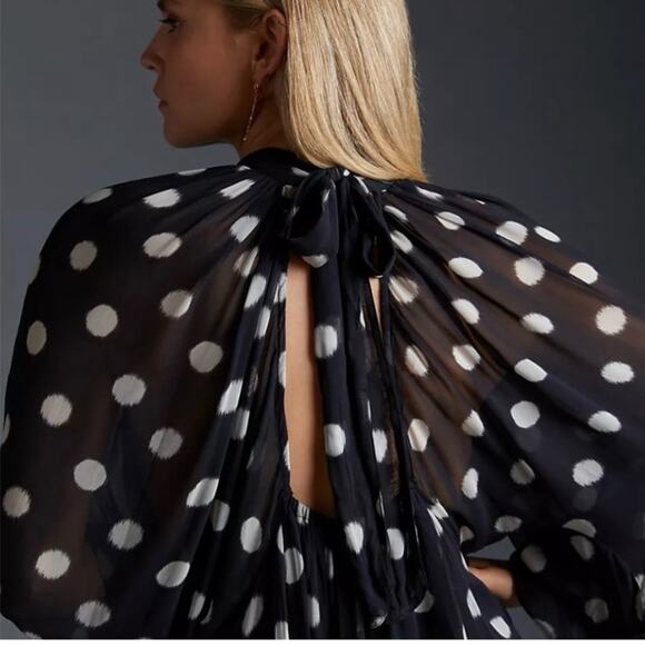 Anthropologie Maeve black white polka dot dress open back sheer sleeves sz xs - Picture 6 of 13